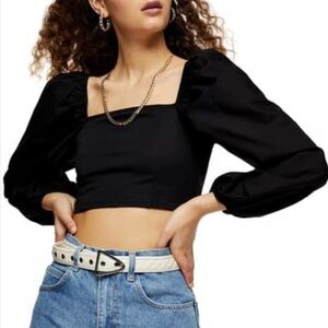 Topshop balloon sleeve poplin crop top in black